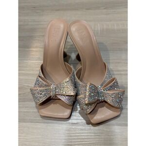 INC International Concepts Rhinestone Bow Mules Tan Nude Spool Heel Sandals 7M